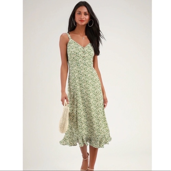 Lulus Green Floral Print Midi Dress - Picture 1 of 12